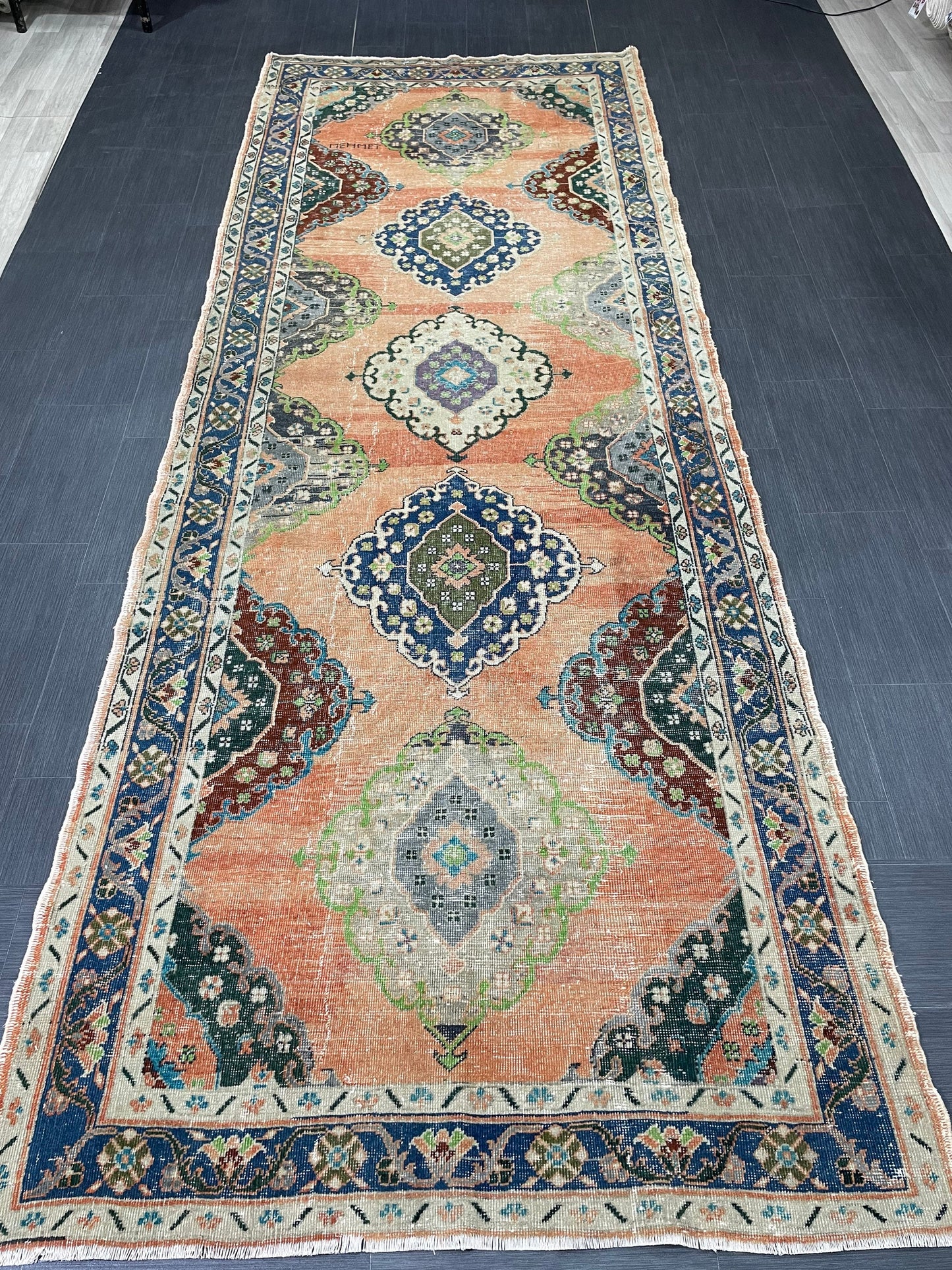 Vintage Hand Knotted Vintage 4.8 x 13 Runner Oushak Runner Rug Turkish Runner Rug Vintage Runner Rug Star Kitchen Runner Natural Wool