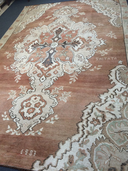 Large Area OUSHAK RUG TURKISH Neutral Rug Vintage 7 x 10.5 Oushak Brown Rug Vintage Rug Wool Kars Rug Hand Made Rugs Wool Hand Knotted Rug