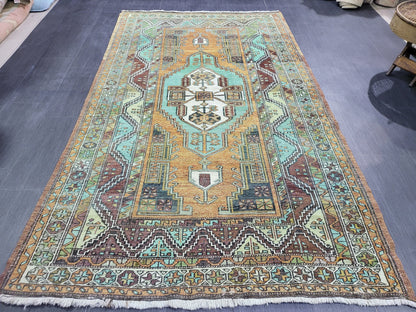 4.9 x 7.9 Rug, Handmade Rug, Oushak Rug,  Anatolian Rug, Hand Knotted Turkish Rug, burnt orange and turquoise Rug, Vintage Rug, Wool rug