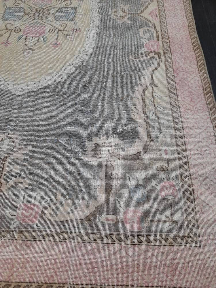 Floral Vintage OUSHAK RUG Antique TURKISH Rug Vintage Distressed Oriental Rug 6.6 x 10.4 Wool  Rug Hand Made Vintage Rug 7x10 Turkish Rug