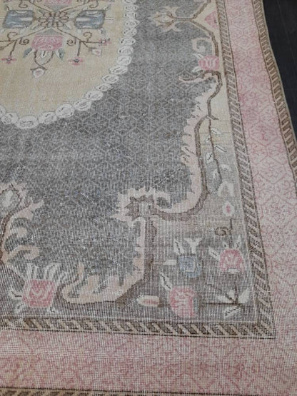 Floral Vintage OUSHAK RUG Antique TURKISH Rug Vintage Distressed Oriental Rug 6.6 x 10.4 Wool  Rug Hand Made Vintage Rug 7x10 Turkish Rug