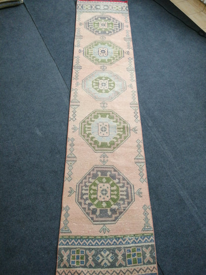 2.3 x 11.2 Oushak Runner Turkish Runner Rug Vintage Runner Rug Hallway Runner Rug Turkish Rug Runner Wool Runner Rug Green and Pink Runner