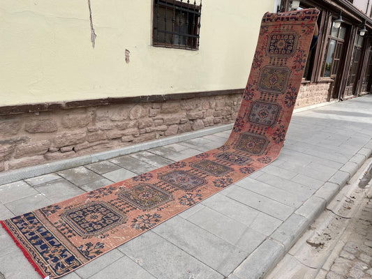 Wool Extra Long Turkish Runner Rug, Very Long Oushak Runner 2.7 x 17.4 ft Rug, Vintage Runner Rug, XL Handmade Runner Rug Staircase carpet