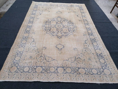 7x10'2 large oushak rug, vintage blue rug, muted turkish rug, hand made vintage wool rug, living room rug, bohemian rug