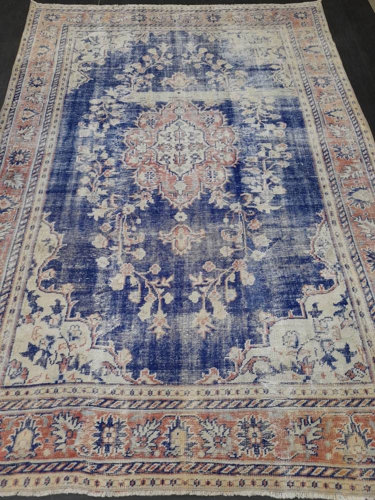 Antique Distressed RUG Wool Distressed TURKISH Rug 6.6 x 9.6 Blue Vintage Rug Vintage Rug Wool Oushak Rug Hand Made Rug Hand Knotted Rug