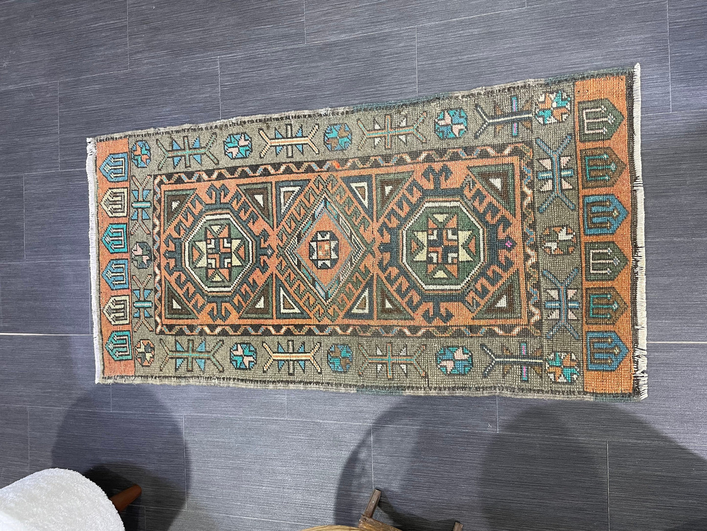 Hand Knotted Runner Rug, Vintage 2 x 4.4 Runner Rug,Handmade Short Runner Rug,Bathroom Runner Rug, Antique Runner Rug, Vanity Runner Rug