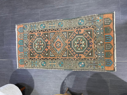 Hand Knotted Runner Rug, Vintage 2 x 4.4 Runner Rug,Handmade Short Runner Rug,Bathroom Runner Rug, Antique Runner Rug, Vanity Runner Rug