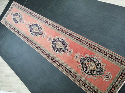 Oushak Runner Rug 3.2 x 14 Turkish Runner Rug Persian Vintage Runner Pink and Navy XL Hallway Runner Rug Stairs Runner Rug Extra Long Runner