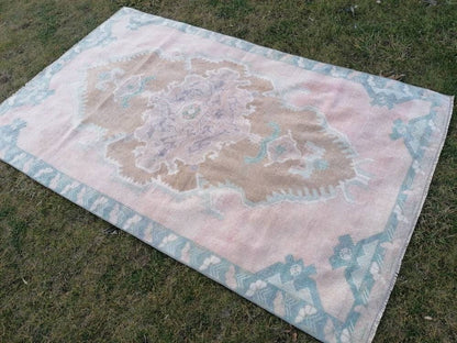 4'6x7'4 pink wool rug, vintage oushak rug, turkish hand made living room rug