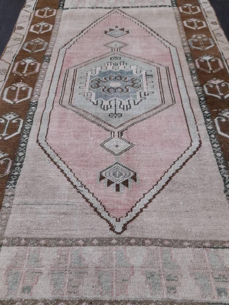 Turkish Rug Pink and Brown Oushak Rugs 3.5 x 6.2 Rug Wool Oriental Rug Hand Knotted Rug Small Farmhouse Rug, Vintage Rug Hand Made Rug