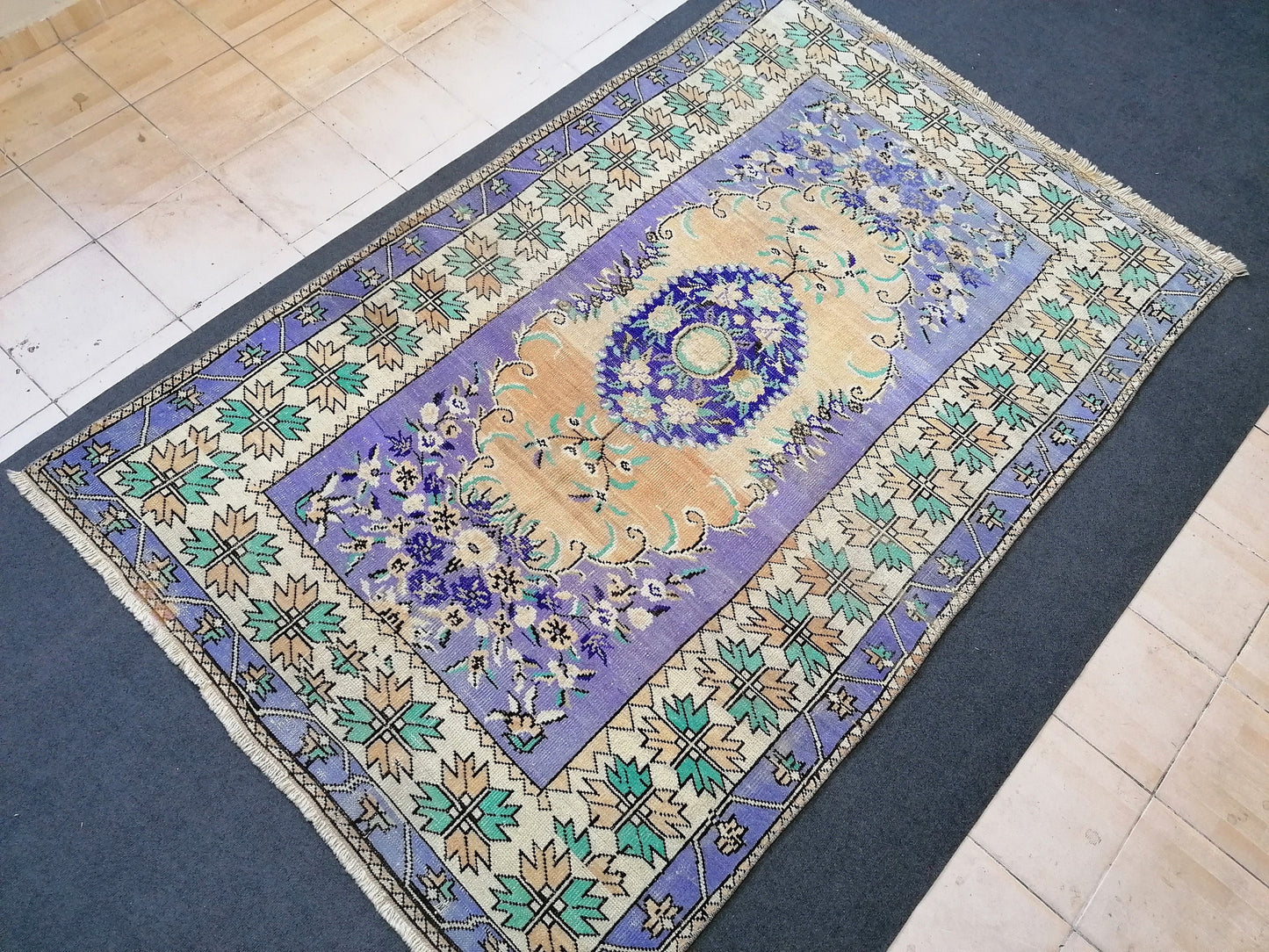 Oushak wool hand made rug, large purple vintage rug 5'7x8'7 turkish rug, green living room rug, vintage  bohemian rug