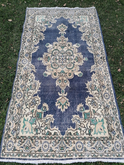 Turkish oushak rug, blue vintage rug 7'2x3'10
