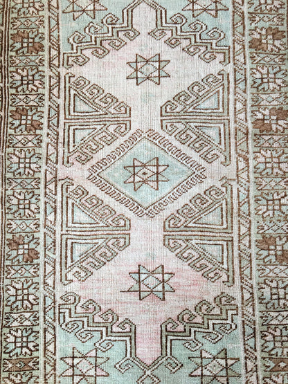 3x5 feet handmade antique persian motif rug, wool medium blue muted turkish living room rug, bohemian style kitchen floor rug, vintage rug