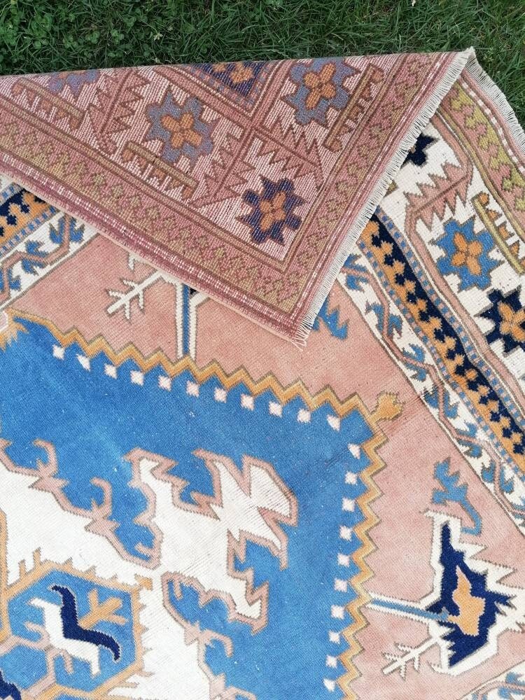 Turkish oushak wool rug 6'8x9'6 large blue rug, vintage handmade rug bohemian rug living room rug