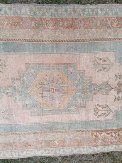 Vintage pastel rug 5'1x9'4 turkish oushak rug, rustic unsual tribal rug retro style rug traditional turkish design