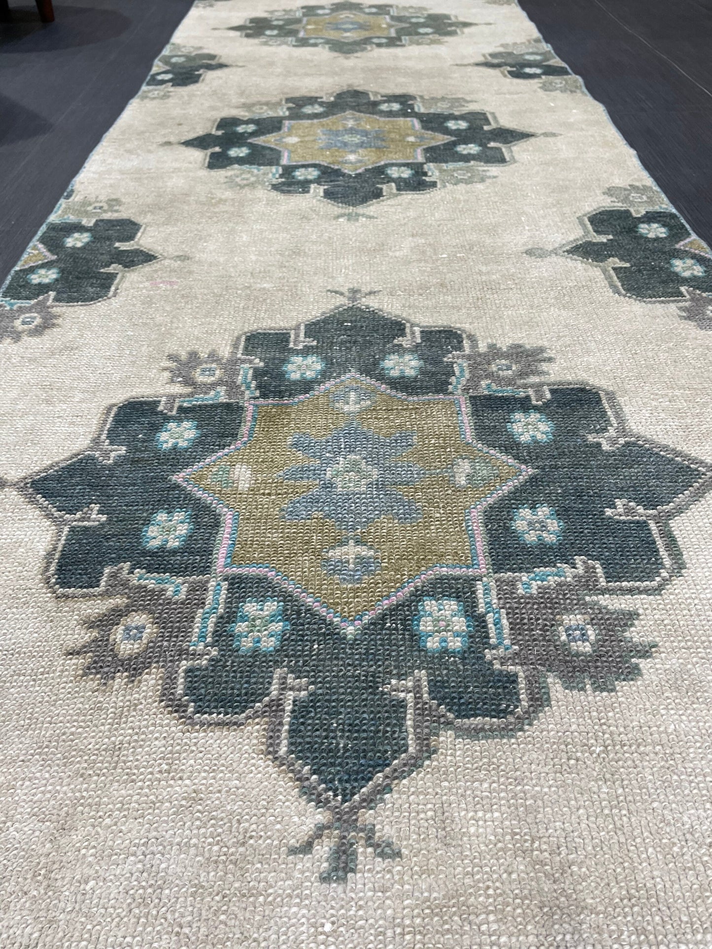 Muted Handmade Runner Rug Turkish Runner 2.7 x 11 Rug Vintage Runner Rug Hallway Runner Rug Kitchen Runner Rug Green Hand Knotted Runner
