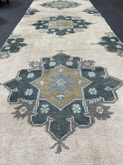 Muted Handmade Runner Rug Turkish Runner 2.7 x 11 Rug Vintage Runner Rug Hallway Runner Rug Kitchen Runner Rug Green Hand Knotted Runner