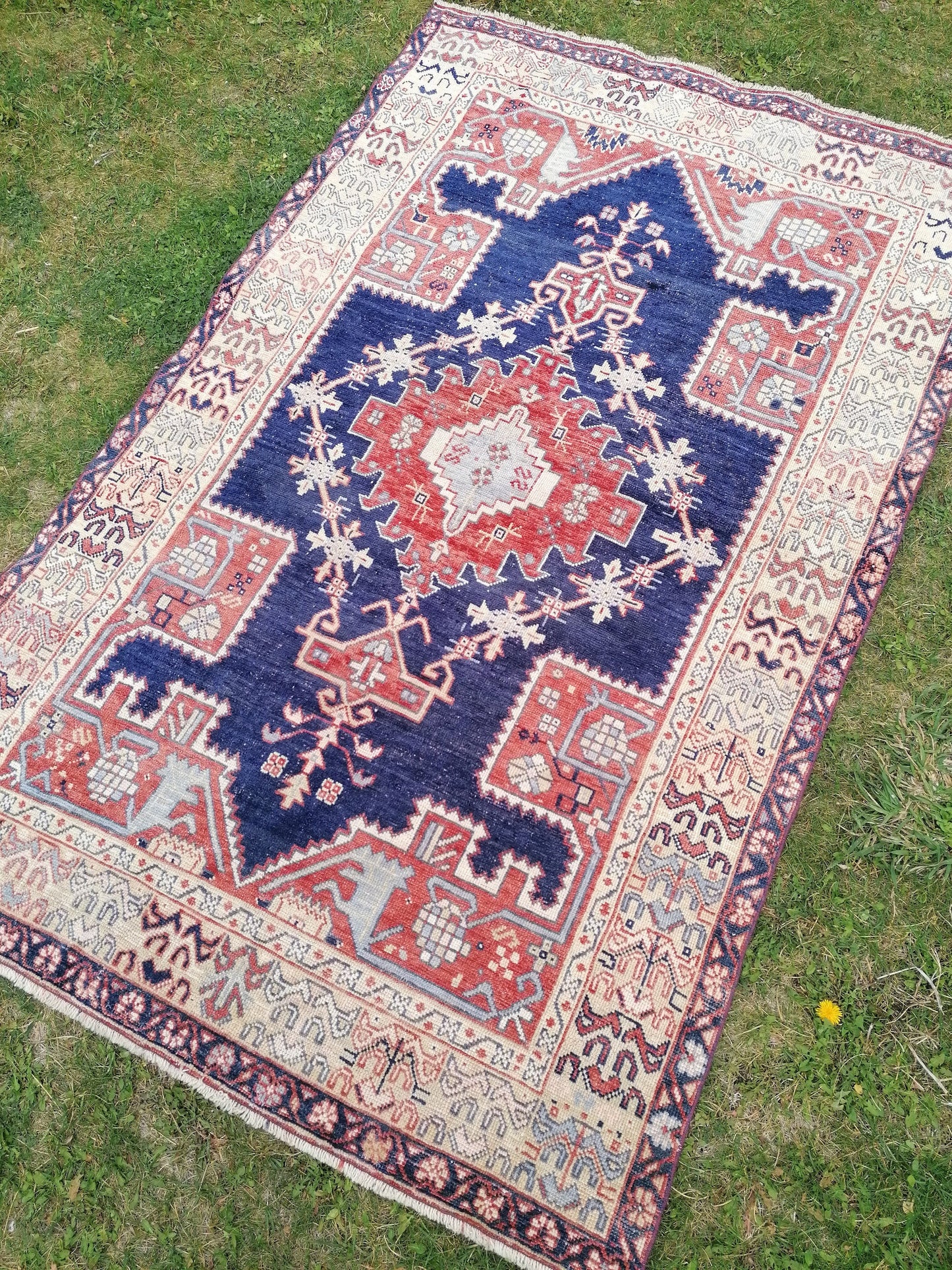 4x7 feet wide wool turkish rug, handmade kitchen floor rug, living room middle rug, vintage blue rug, oushak bedroom rug, kitchen medium rug