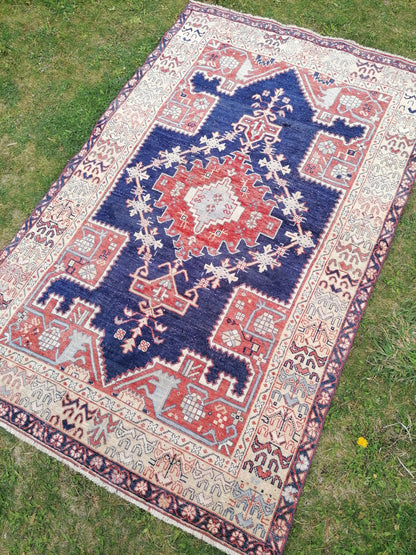 4x7 feet wide wool turkish rug, handmade kitchen floor rug, living room middle rug, vintage blue rug, oushak bedroom rug, kitchen medium rug