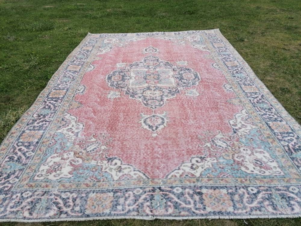 Large vintage rug, pastel oushak wool rug 6x9 distressed unique hand made rug, living room rug kitchen runner rug, bohemian rug