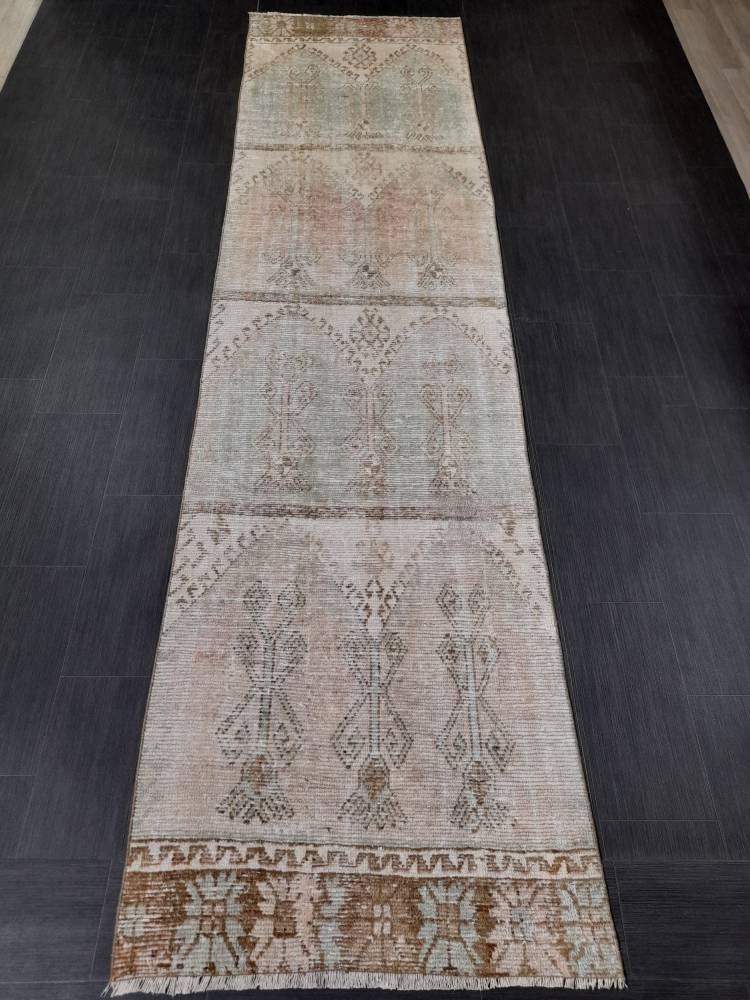 Muted Vintage Runner Rug 3.2 x 12.3 Hand Made Runner Rug Turkish Runner Rug Pink Vintage Runner Rug Hallway Runner Rug Distressed Runner Rug