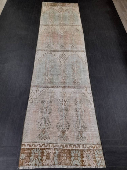 Muted Vintage Runner Rug 3.2 x 12.3 Hand Made Runner Rug Turkish Runner Rug Pink Vintage Runner Rug Hallway Runner Rug Distressed Runner Rug