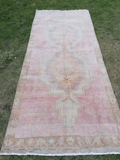 Oushak wool runner rug, vintage hallway runner 4'2x9'7 turkish hand made wool rug kitchen runner rug,