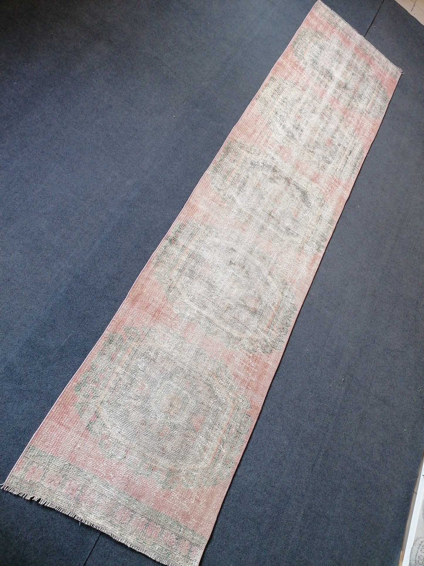 11'7x2'9 distressed oushak turkish runner rug, turkish rug , runner rug,vintage rug,kitchen rug,vintage oushak rug, vintage anatolian rug