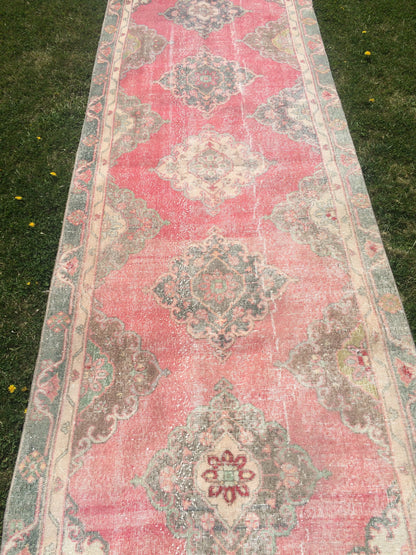 4x12 Vintage Runner rugs, Muted Runner RUG, TURKISH Runner, Pink Runner Rug, Pastel Oushak Rug ,Wool Runner Rugs, Oriental Runner  Rug