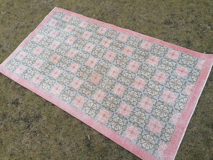 Vintage rug 7x3'11 green oushak vintage rug, anatolian rug,unique hand made bohemian