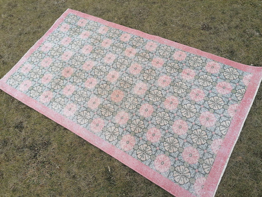 Vintage rug 7x3'11 green oushak vintage rug, anatolian rug,unique hand made bohemian