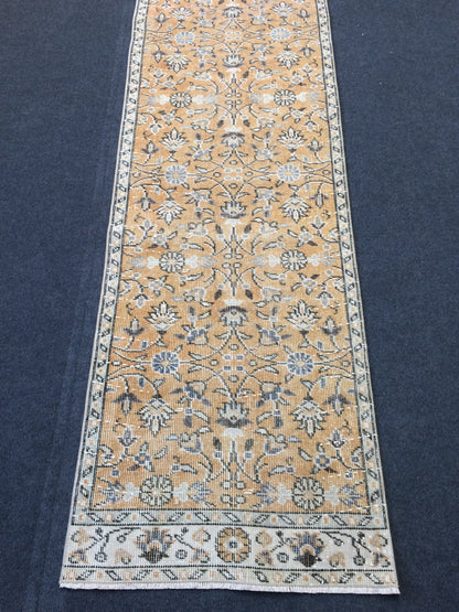 Hand Knotted Runner Rug, Vintage 2x10 Runner Rug,Handmade Oushak Runner Rug,Distressed Runner Rug, Antique Runner Rug.