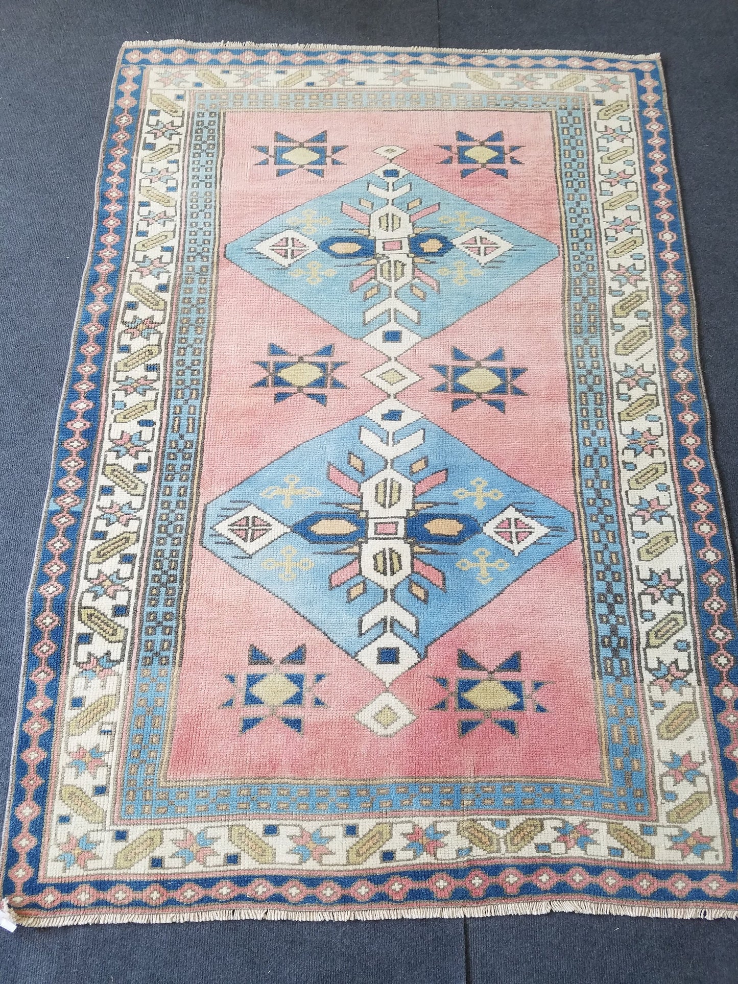 Blue vintage wool rug. pink turkish oushak rug 3'10x5'7 bohemian rug, living room rug, handmade wool rugs