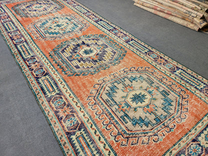 Distressed Runner Rug Vintage 4.2 x 10.9 Turkish Runner Rug Vintage Runner Rug Handmade Runner Rug Kitchen Runner Rug Persian Runner Rug