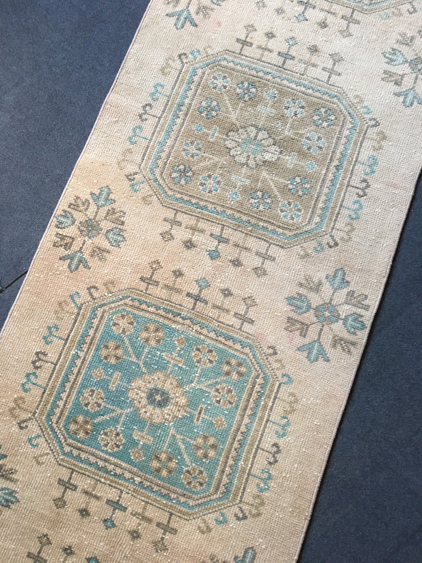 2.5x9 feet handmade long runner rug, wool teal overlong turkish runner, vintage kitchen runner, bathroom floor runner, bohemian wool runner