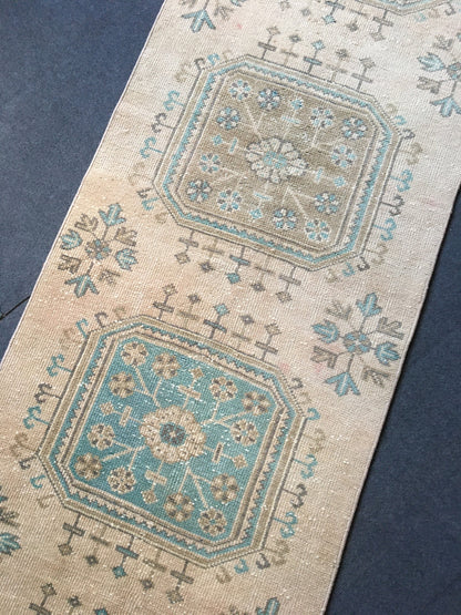 2.5x9 feet handmade long runner rug, wool teal overlong turkish runner, vintage kitchen runner, bathroom floor runner, bohemian wool runner