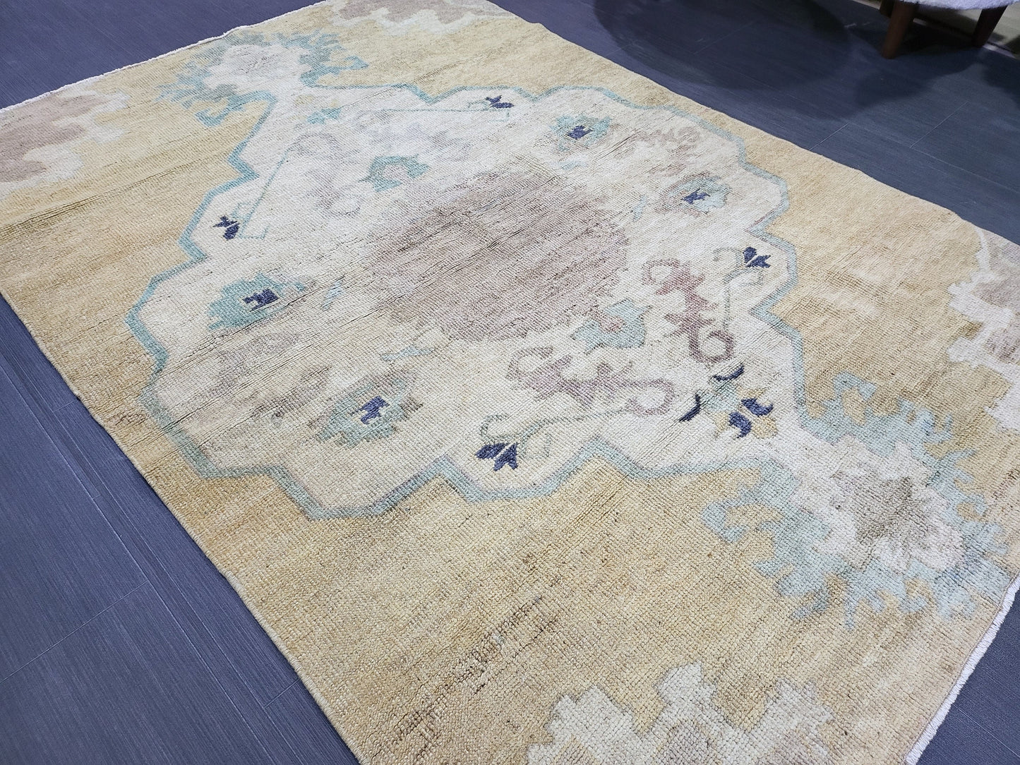 Turkish Rug, Oushak Rug, Wool 4 x 5.8 Oriental Rug, Blue Oushak Vintage Persian Rug, Handmade Rug