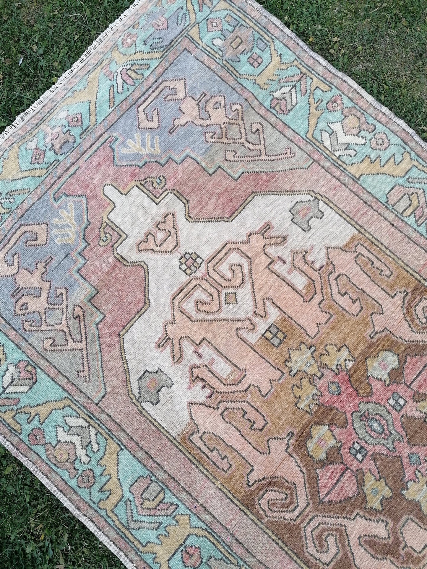 Vintage oushak hand made wool rug 4’4.8’3 kitchen rug, bohemian rug, area rug