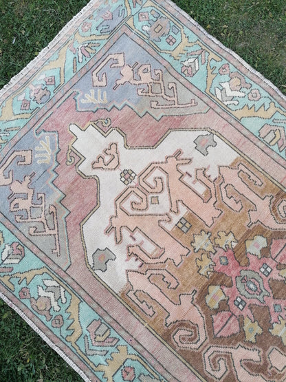 Vintage oushak hand made wool rug 4’4.8’3 kitchen rug, bohemian rug, area rug