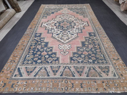 Blue and Pink OUSHAK RUG 6 x 11 TURKISH Rug Vintage Oriental Rug Vintage Persian Rug Wool Oushak Rug Hand Made Rug Vintage Turkish Rug