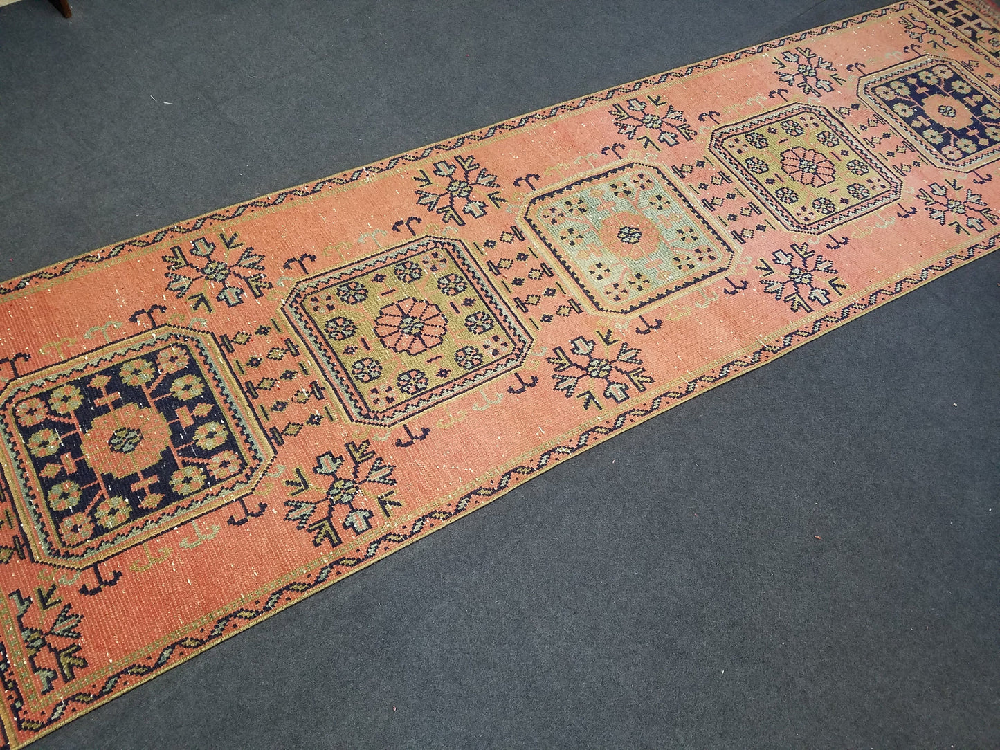 Oushak turkish runner rug, vintage rug, vintage oushak runner rug, vintage anatolian rug,unique hand made rug,kitchen runner rug 11'10x3' ft