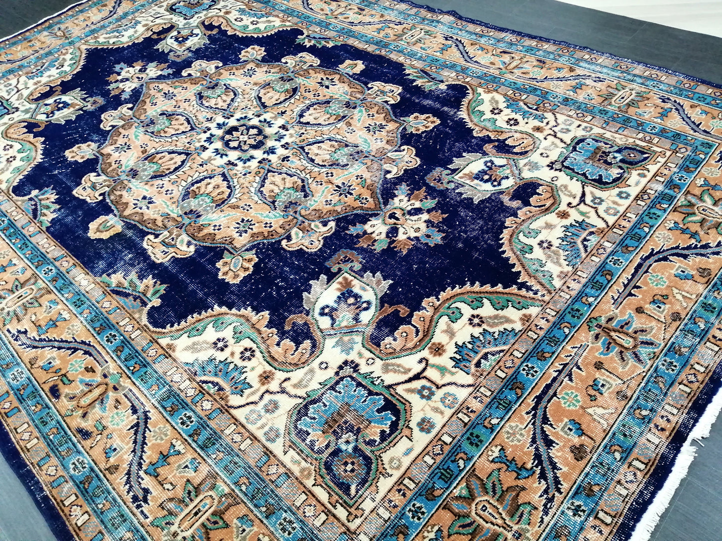 Blue Oushak Rug, 7 x 10.7 Vintage Rug, Bohemian Rug, Rug Runner, Turkish Rug, Farmhouse Rug, Blue Vintage Rug, Wool  Oriental Rug