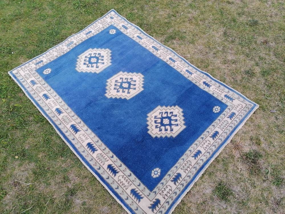 Turkish blue rug, vintage wool rug, oushak vintage rug,kitchen rug, 4x5'6 vintage anatolian rug,unique hand made bohemian