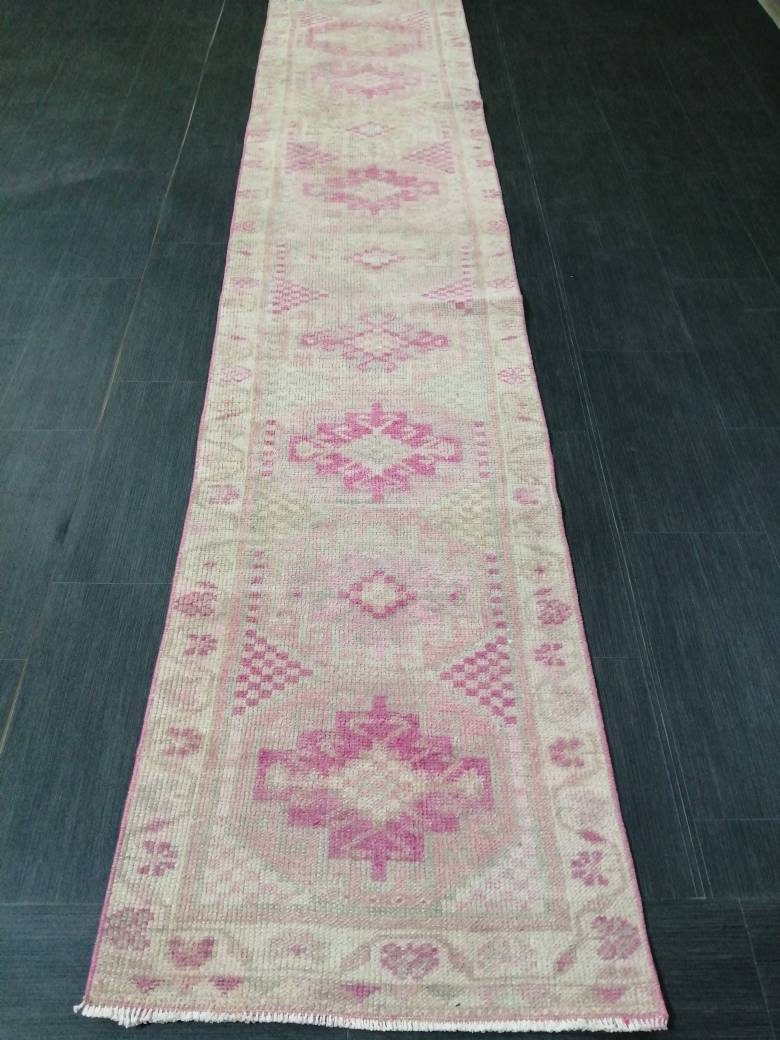 Oriental Runner Rug Muted Turkish Runner Rug 2.2 x 10.4 Pink Vintage Runner Rug Hallway Runner Rug Muted Persian Runner Rug Wool Runner Rug