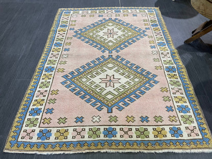 Vintage Rug, Handmade Rug, 3.3 x 4.4 Oushak Rug, Turkish Rug, Natural Wool Rug, Fun Rug, Persian Rug, Soft Wool Rug, wholesale Rug