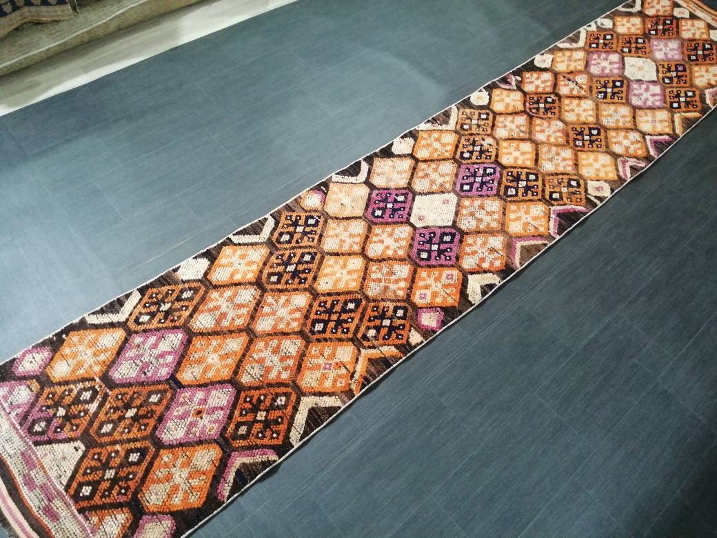 Vintage Runner Rug 2.6 x 13.6 Turkish runner rug , Medium Wool Pile Runner , Brown Oushak rug, Hallway Rug runner , Earth Tones Runner Rug