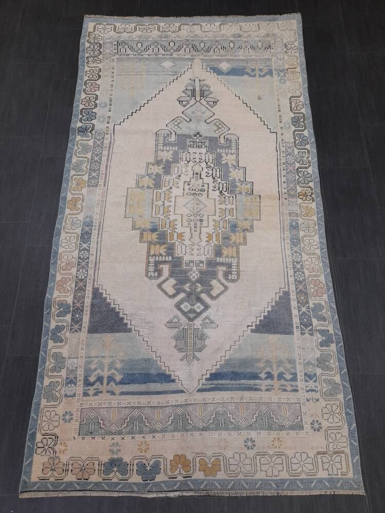 Vintage RUG 4.2 x 5 Turkish Oushak Rug Antique Rug Vintage Blue Wool Muted Oriental Rug Hand Made Rug Hand Knotted Turkish Rug Oriental Fun