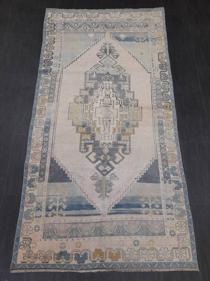 Vintage RUG 4.2 x 5 Turkish Oushak Rug Antique Rug Vintage Blue Wool Muted Oriental Rug Hand Made Rug Hand Knotted Turkish Rug Oriental Fun