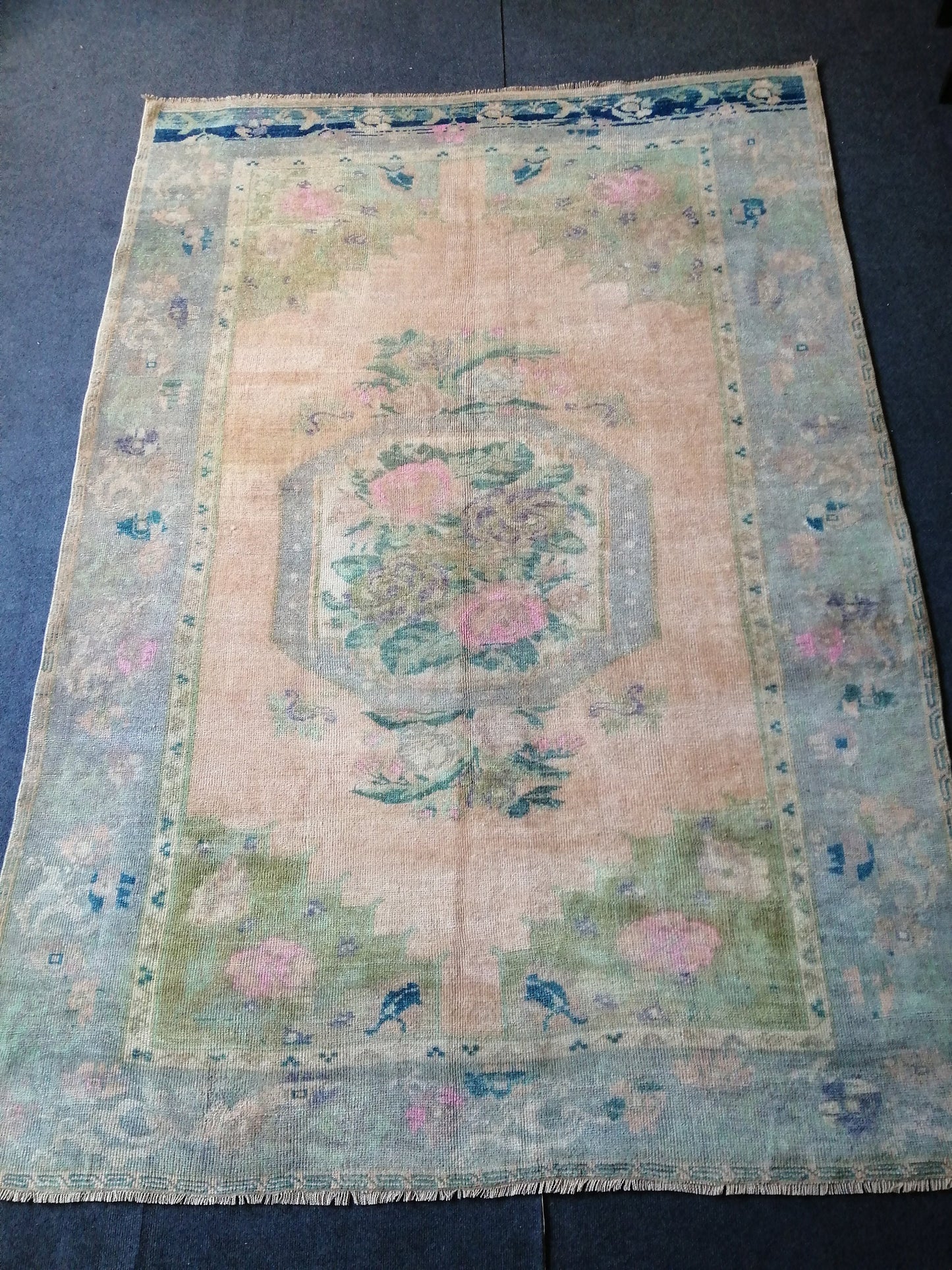5.5 x 7.9 Floral OUSHAK RUG TURKISH Oushak Rug Vintage Hand Knotted Rug Muted Wool Rug Hand Made Rugs Vintage Faded Rug