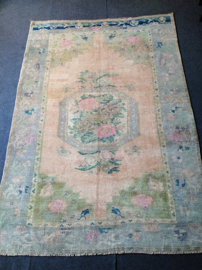 5.5 x 7.9 Floral OUSHAK RUG TURKISH Oushak Rug Vintage Hand Knotted Rug Muted Wool Rug Hand Made Rugs Vintage Faded Rug